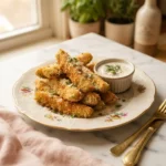 Golden fried zucchini cheesecake factory spears piled on a floral plate with ranch dip