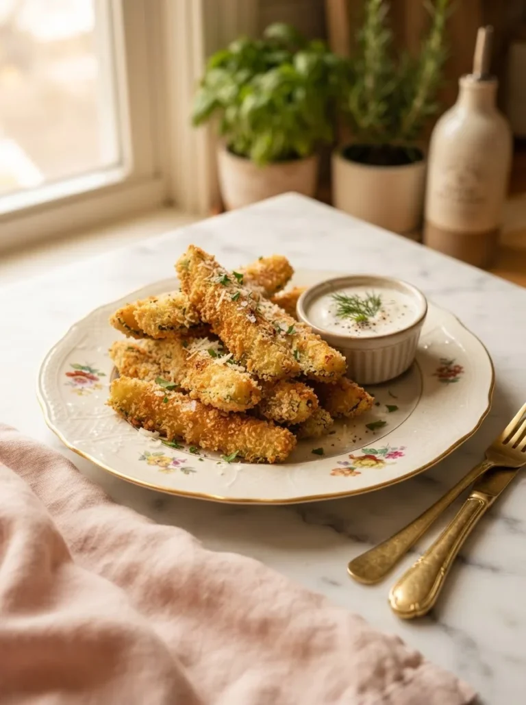 Golden fried zucchini cheesecake factory spears piled on a floral plate with ranch dip