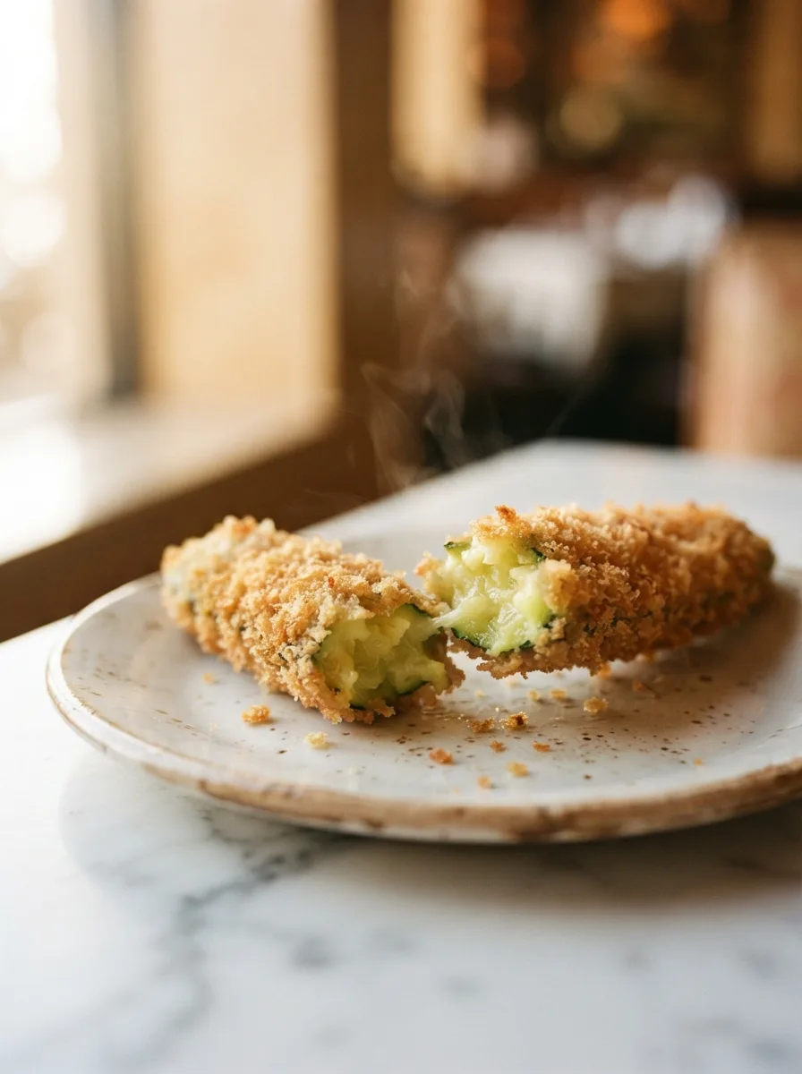 Cross-section of fried zucchini cheesecake factory showing craggy panko crust and tender interior