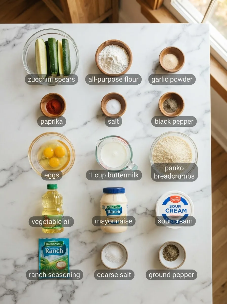 Ingredients for fried zucchini cheesecake factory recipe measured into bowls on marble
