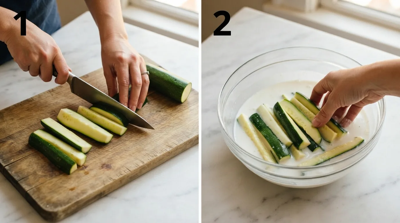 Cutting zucchini into spears on a wooden cutting board for frying / Zucchini spears soaking in buttermilk in a glass bowl