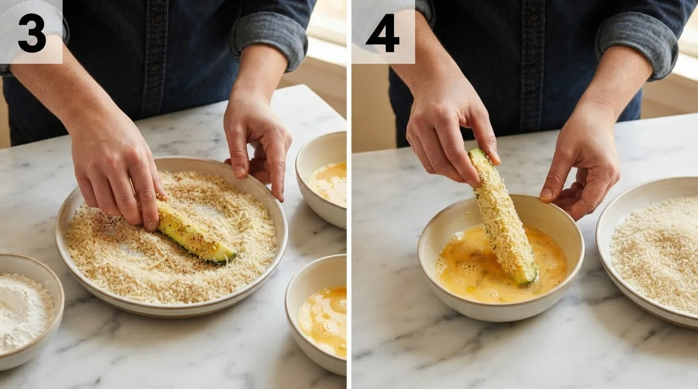 Pressing a zucchini spear into panko breadcrumbs for the first coating / Double-dipping a zucchini spear into egg wash before the second panko layer