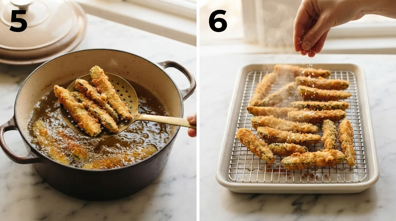 Lifting golden fried zucchini spears from hot oil with a slotted spoon / Fried zucchini spears draining on a wire rack with salt sprinkled on top