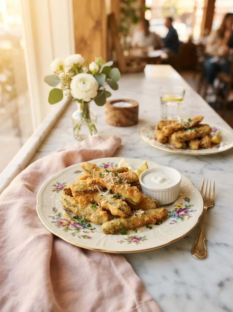 Fried zucchini cheesecake factory served on a styled table with ranch dip and linen napkin