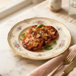 Golden pan-fried fritar tomate slices stacked on a floral gold-rimmed plate with fresh basil