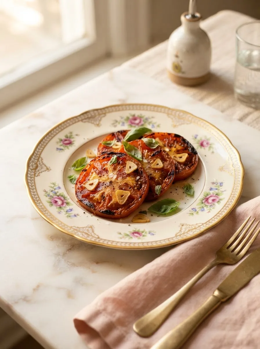 Golden pan-fried fritar tomate slices stacked on a floral gold-rimmed plate with fresh basil