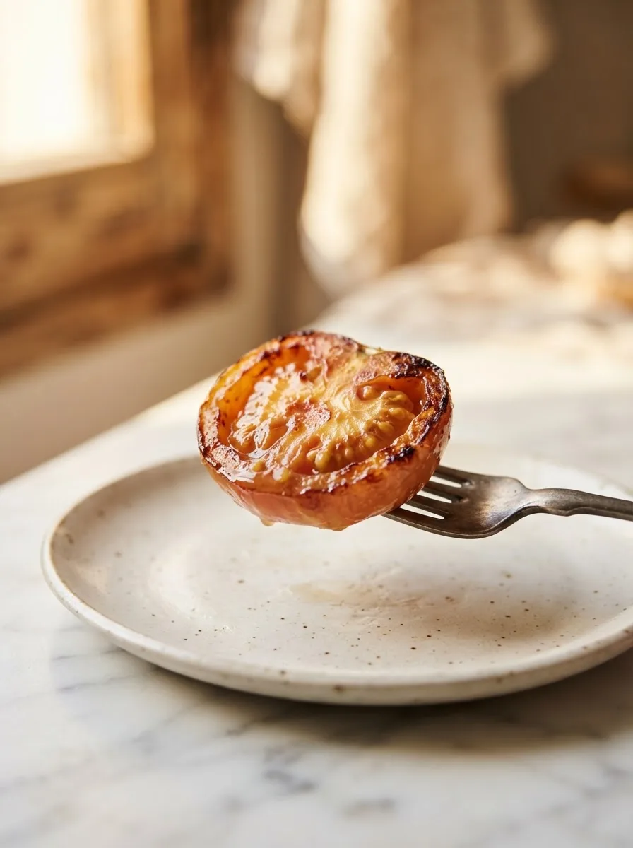 Close-up of a fritar tomate slice showing the caramelized crust and jammy interior