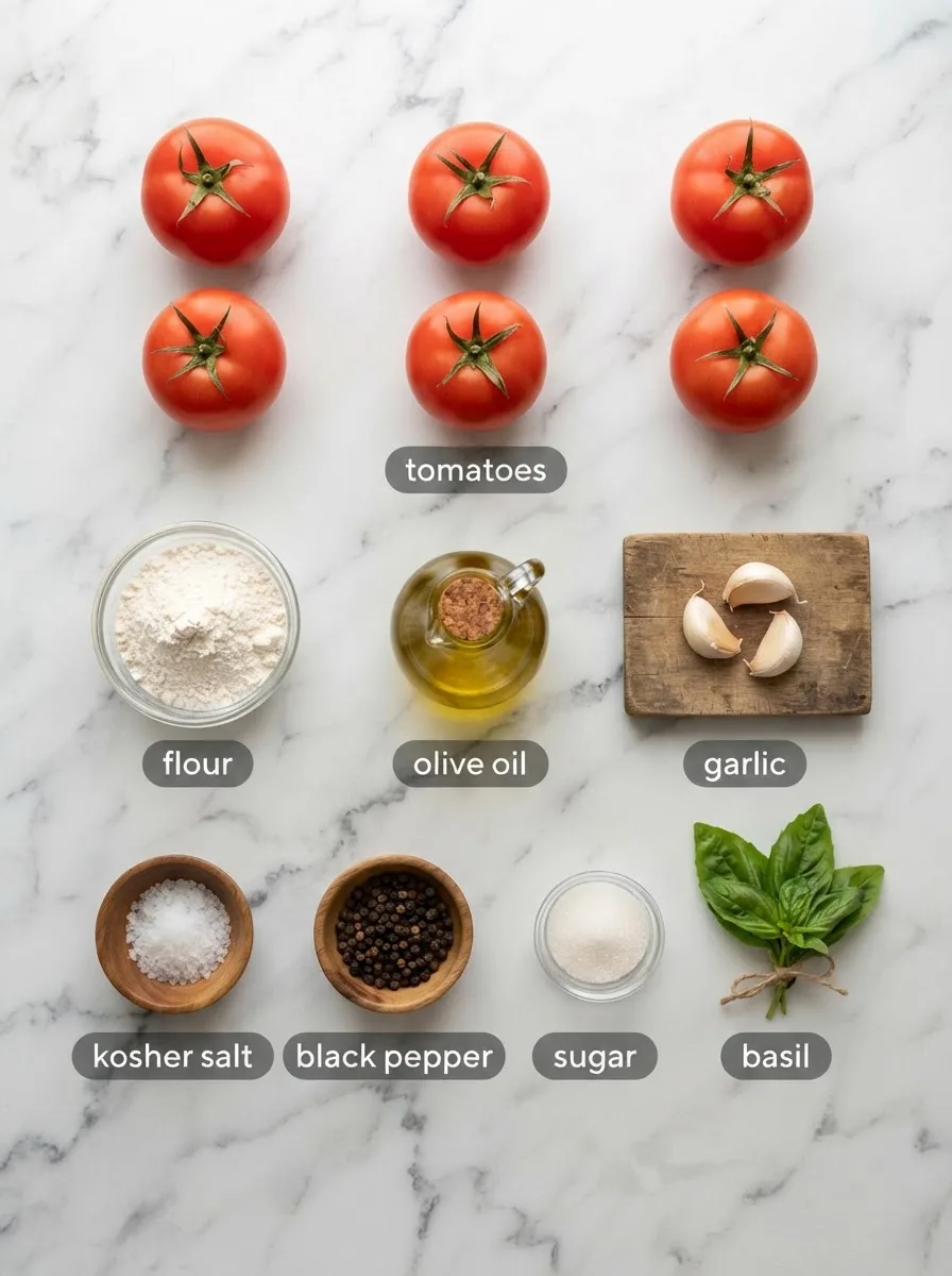 Overhead flat lay of ingredients for fritar tomate including tomatoes, flour, and garlic