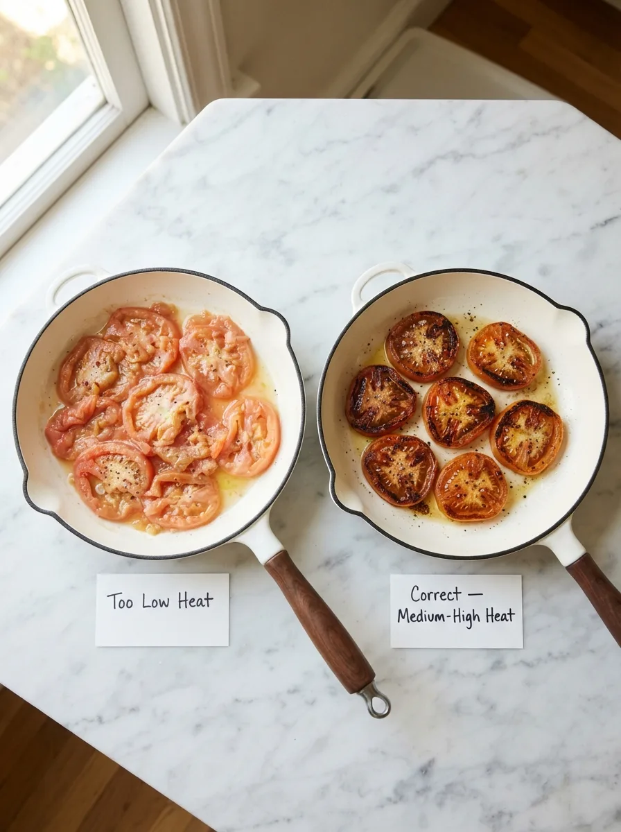 Side-by-side comparison of undercooked pale tomato slices versus properly caramelized golden tomato slices