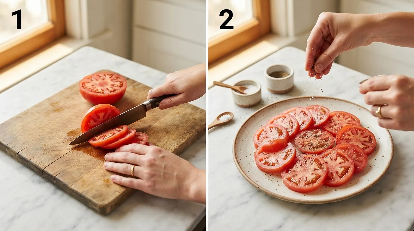 Slicing a ripe tomato into even half-inch rounds on a wood board / Seasoning tomato rounds with salt and pepper before frying