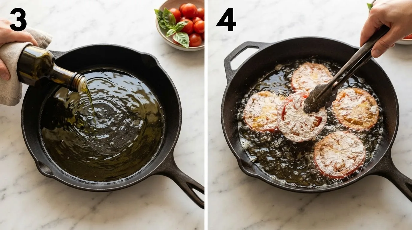 Pouring olive oil into a heavy skillet to heat before frying tomatoes / Lowering flour-dusted tomato slices into hot oil with tongs