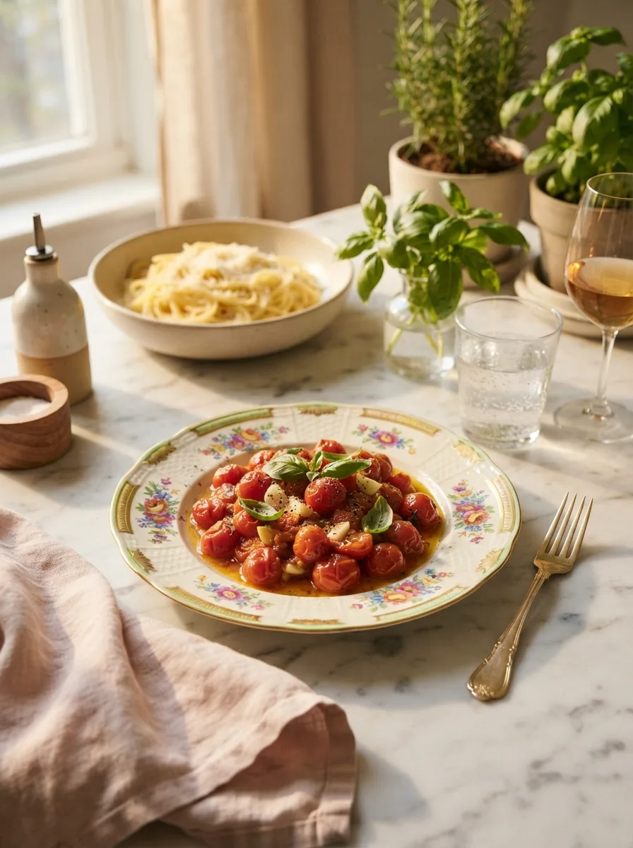 Fritar tomate served alongside buttered noodles in a warm table setting