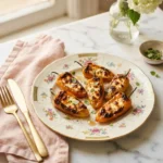Grilled feta stuffed peppers with charred edges and golden bubbly filling on a floral plate