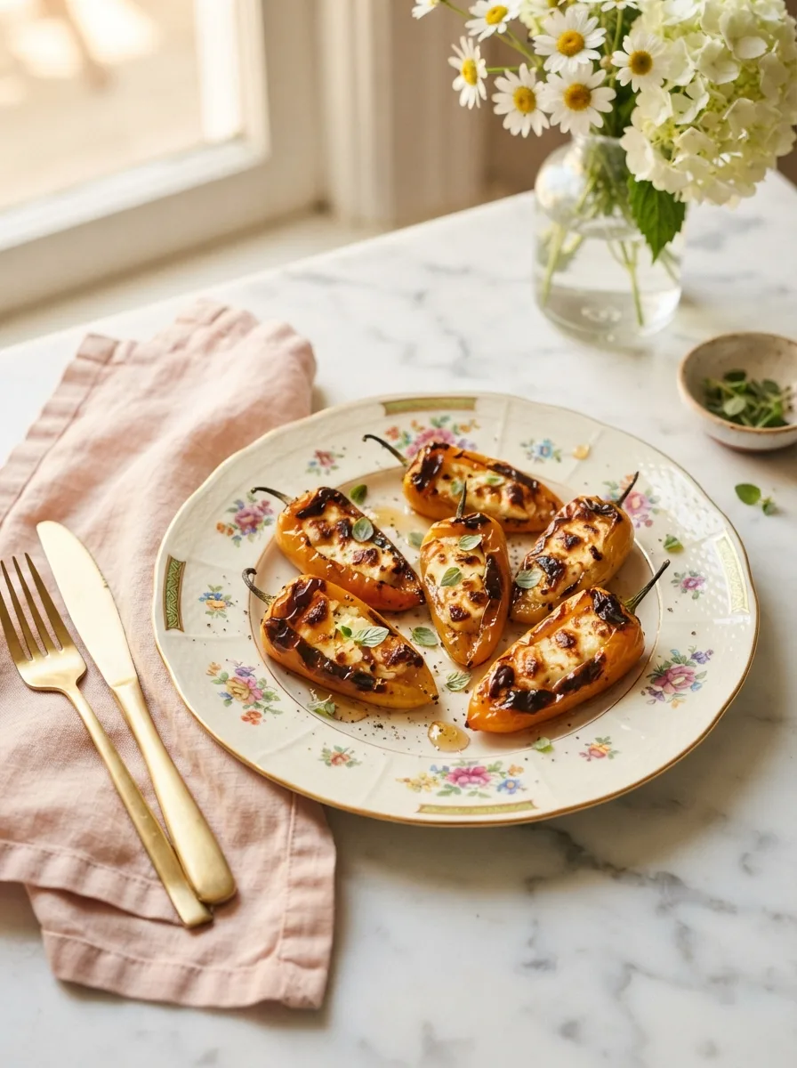 Grilled feta stuffed peppers with charred edges and golden bubbly filling on a floral plate
