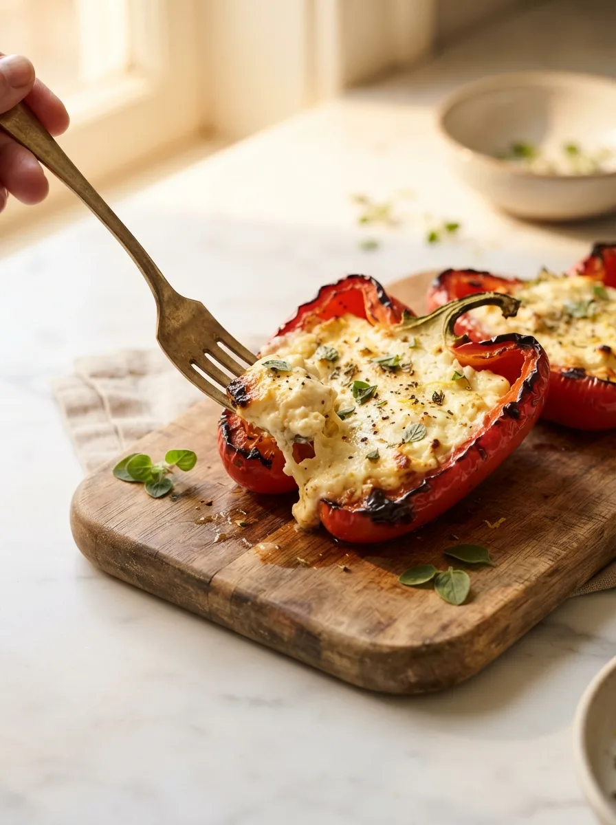 Close-up of grilled feta filling pulling away from a charred mini pepper half