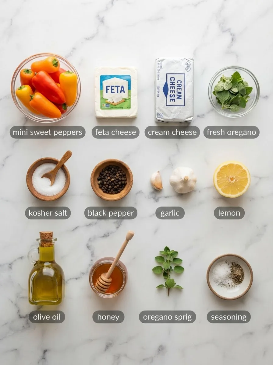 Ingredients for grilled feta stuffed peppers in bowls: mini peppers, feta, cream cheese, garlic