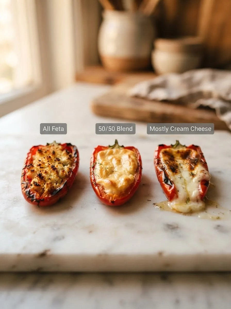 Three grilled pepper fillings compared: all feta, 50/50 blend, and mostly cream cheese