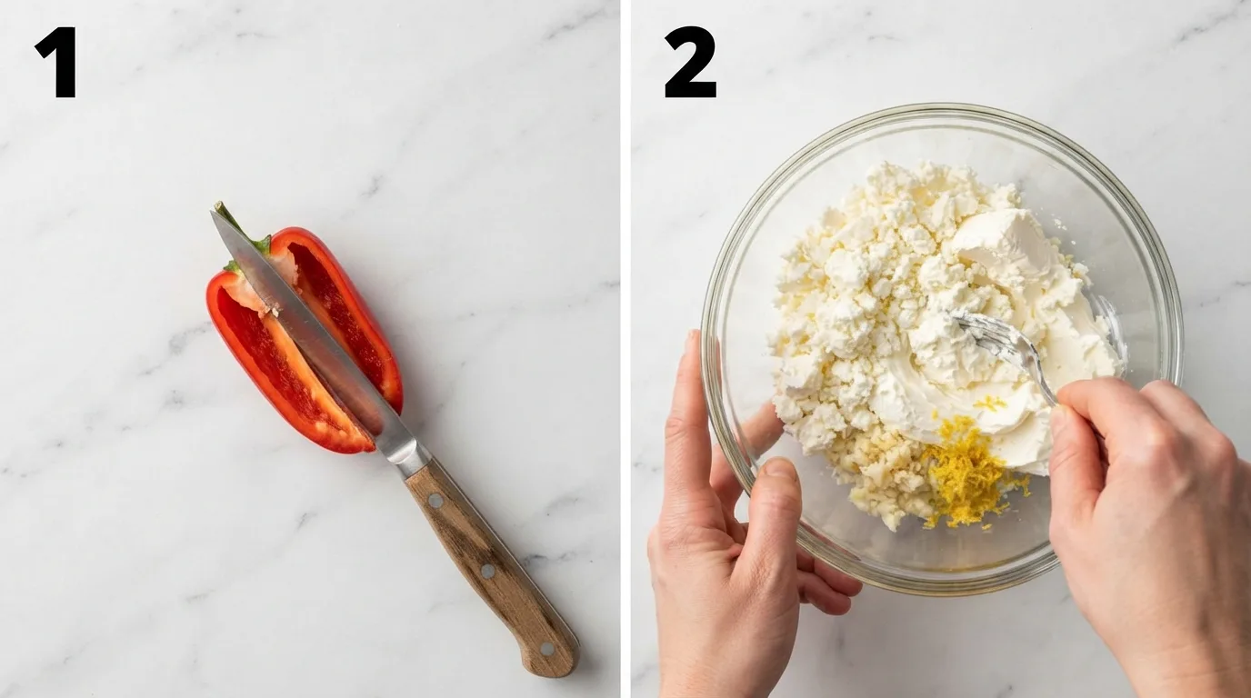 Halving a mini sweet pepper lengthwise with a paring knife on marble / Mixing feta and cream cheese with garlic and lemon zest in a glass bowl
