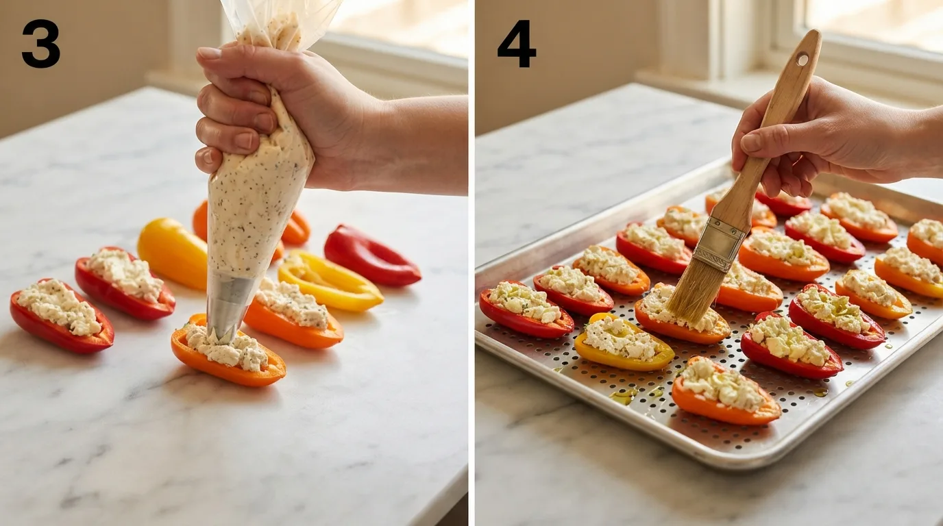 Piping feta filling into halved mini peppers lined up on marble / Brushing olive oil onto filled mini peppers on a grill tray