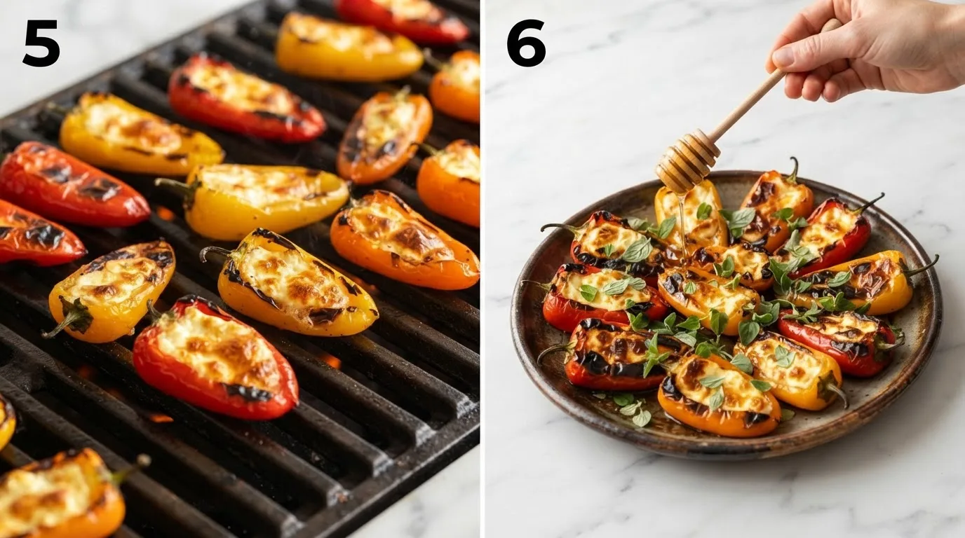Grilled feta stuffed peppers on the grates with char marks and golden filling / Drizzling honey over finished grilled feta stuffed peppers on a platter