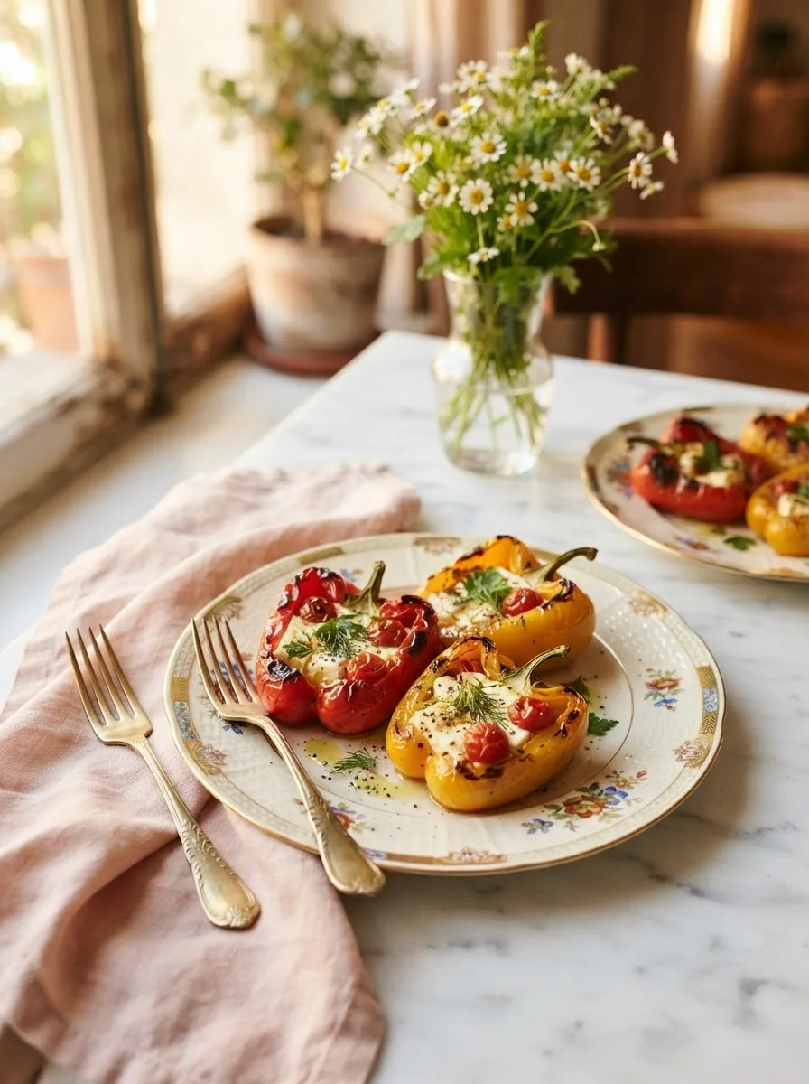 Grilled feta stuffed peppers styled on a floral plate with fresh flowers in the background