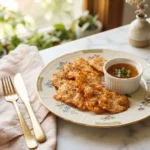 Golden crispy ground chicken chips stacked on a floral plate with a side of tangy dipping sauce