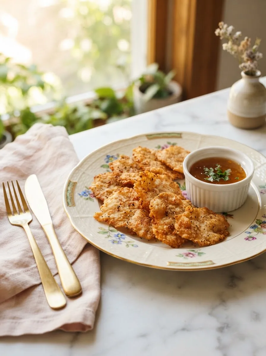 Golden crispy ground chicken chips stacked on a floral plate with a side of tangy dipping sauce