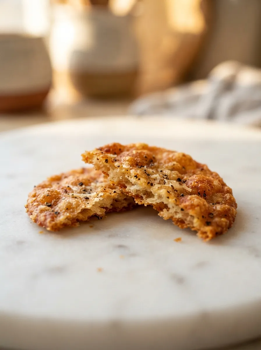 Broken ground chicken chip showing thin crisp texture and browned parmesan flecks