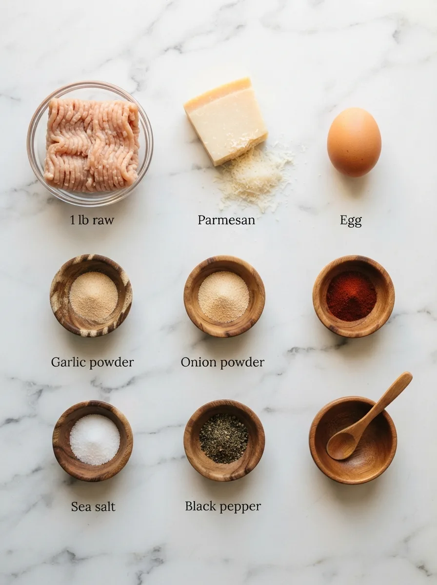 Ground chicken chips ingredients including chicken, parmesan, egg, and spices on marble