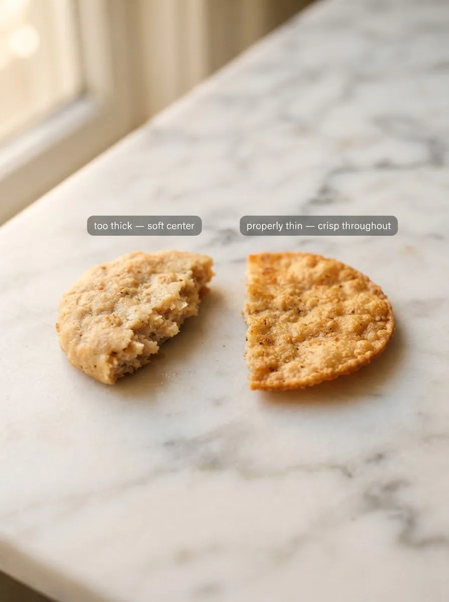 Comparison of a thick soft-centered chip versus a properly thin crispy ground chicken chip