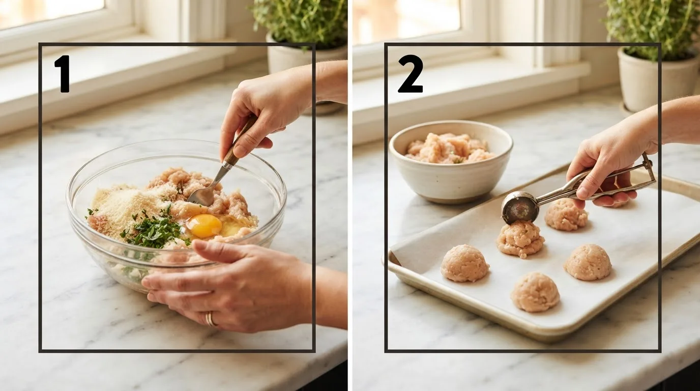 Hands mixing ground chicken with parmesan and egg in a glass bowl / Cookie scoop portioning chicken mixture onto a parchment-lined baking sheet