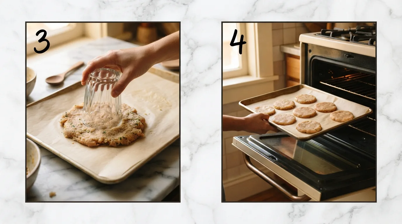 Glass bottom flattening a chicken chip mound into a thin round / Baking sheet of flattened chicken chips going into a hot oven