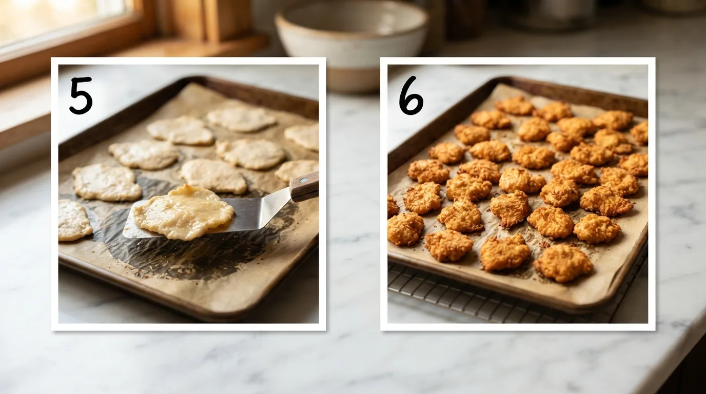 Metal spatula flipping a partially baked ground chicken chip on a tray / Tray of finished golden crispy ground chicken chips cooling