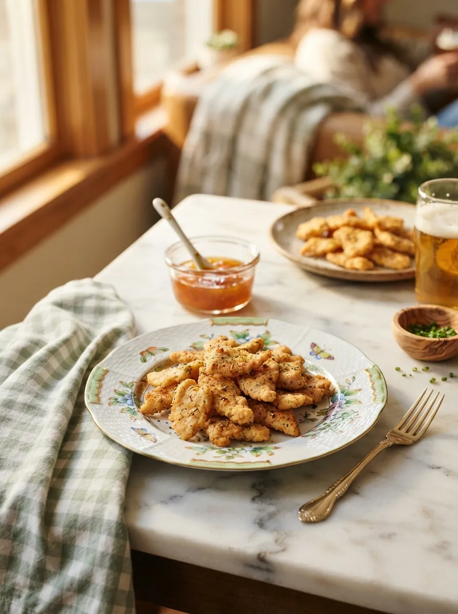 Ground chicken chips served as a snack with dipping sauce on a styled table