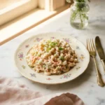 Creamy hawaiian bros pasta salad recipe with grated carrot on a floral plate