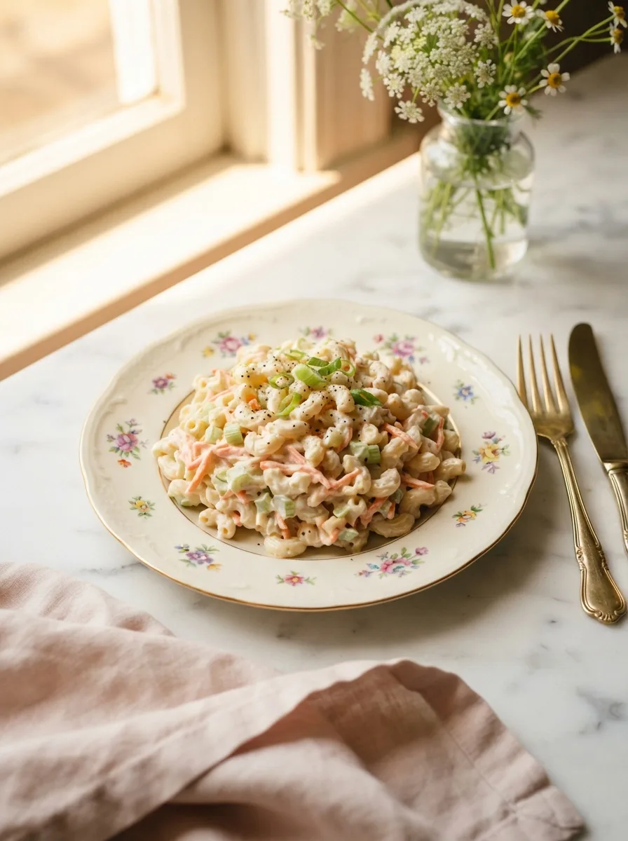 Creamy hawaiian bros pasta salad recipe with grated carrot on a floral plate