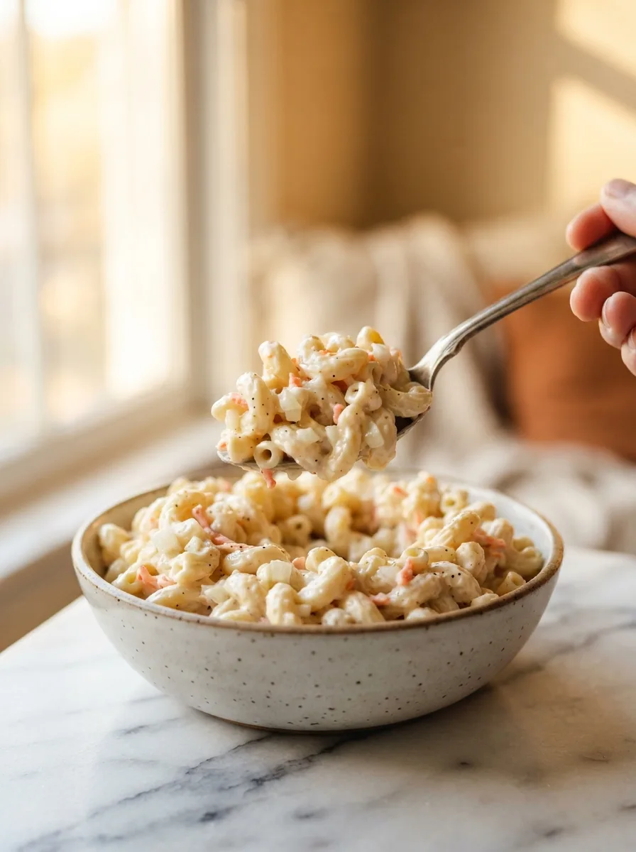 Spoonful of dressing-coated hawaiian bros macaroni salad showing soft noodle texture