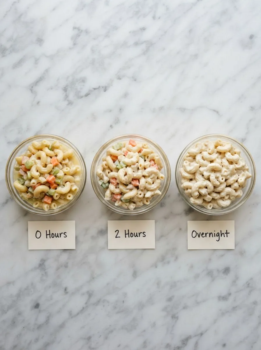 Comparison of hawaiian bros macaroni salad texture at 0 hours, 2 hours, and overnight rest