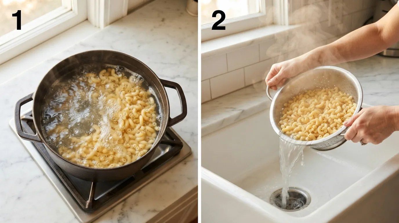 Elbow macaroni boiling in a pot of salted water / Draining softened macaroni into a colander with steam rising