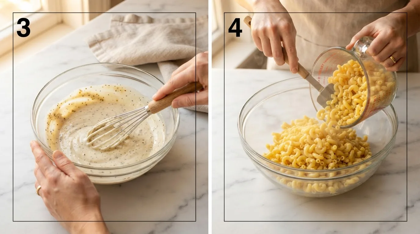 Whisking mayo, milk, vinegar, and sugar into a smooth dressing / Pouring warm cooked macaroni into a large glass mixing bowl