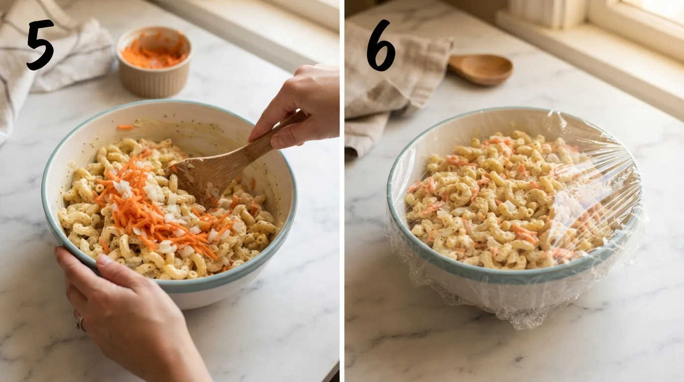 Folding grated carrot and onion into dressed macaroni salad / Bowl of macaroni salad covered with plastic wrap before chilling