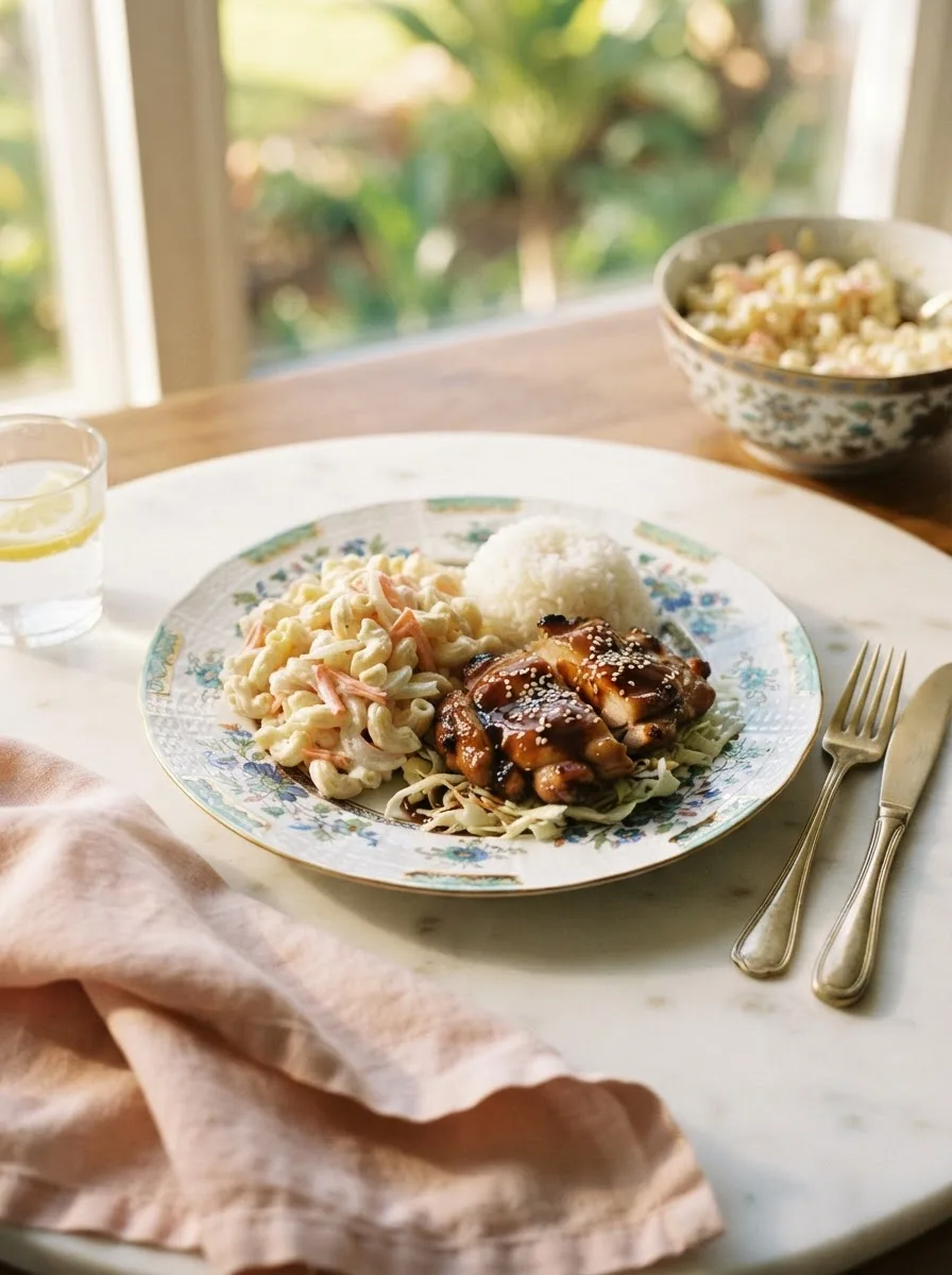 Hawaiian bros pasta salad served plate-lunch style with rice and teriyaki chicken