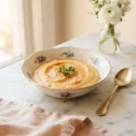 High protein pureed food recipes — silky chicken and sweet potato puree in a floral bowl