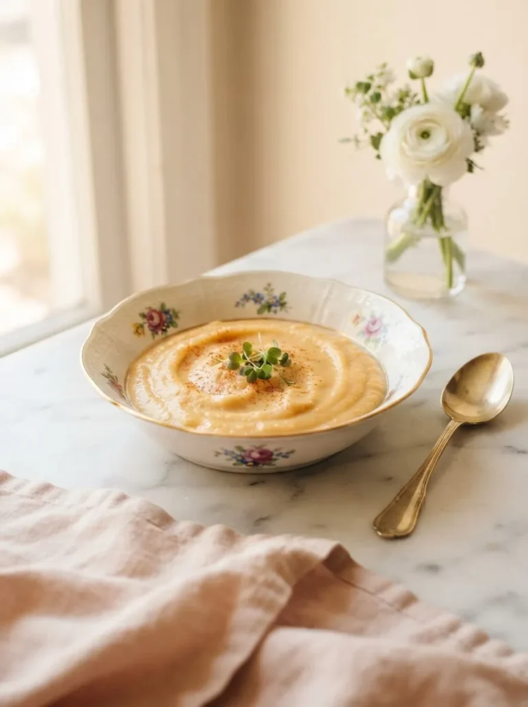High protein pureed food recipes — silky chicken and sweet potato puree in a floral bowl