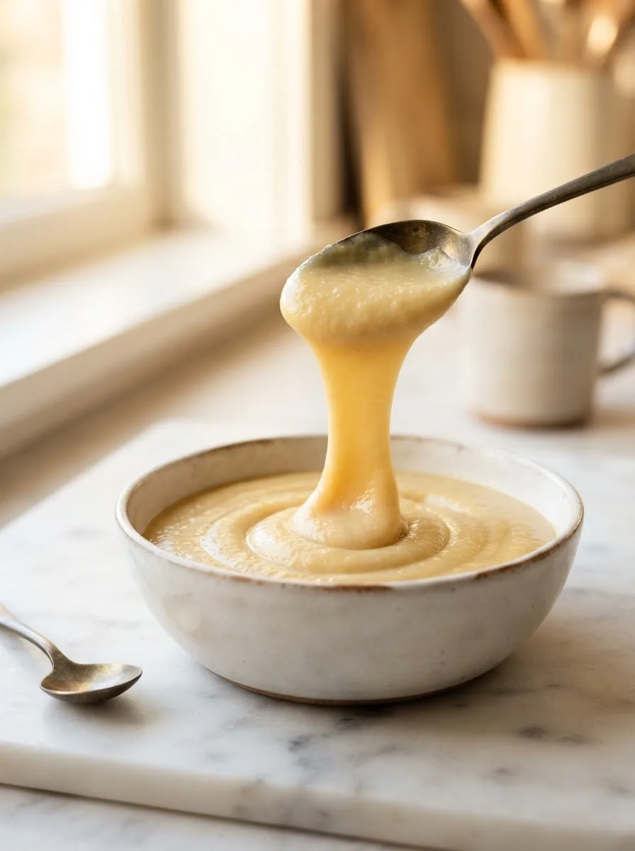 Lump-free texture of a high-protein pureed chicken and sweet potato bowl on a spoon