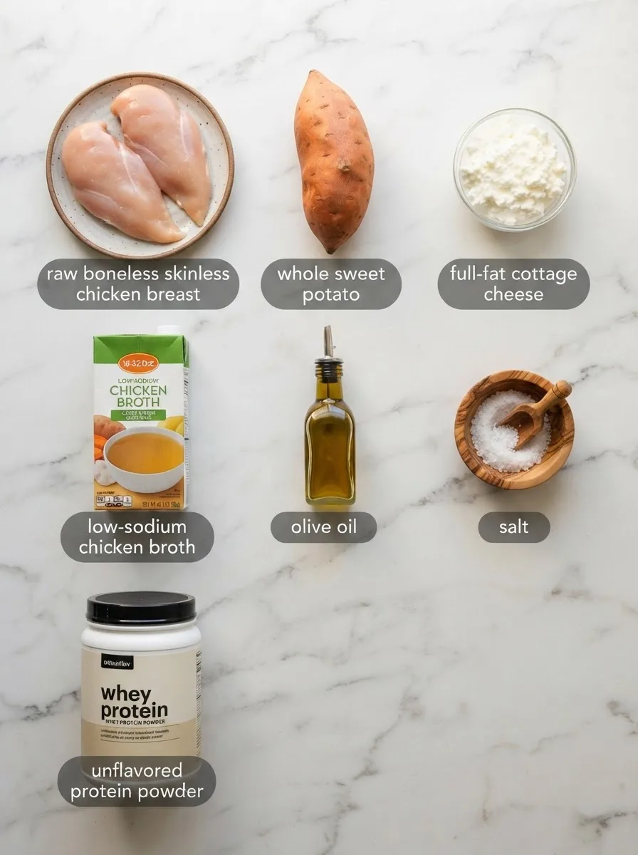 Ingredients for high protein pureed food recipes measured on a marble counter