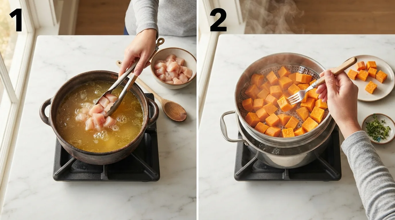 Poaching raw chicken pieces in broth for high protein pureed food / Steaming cubed sweet potato until fork-tender for pureed food recipes