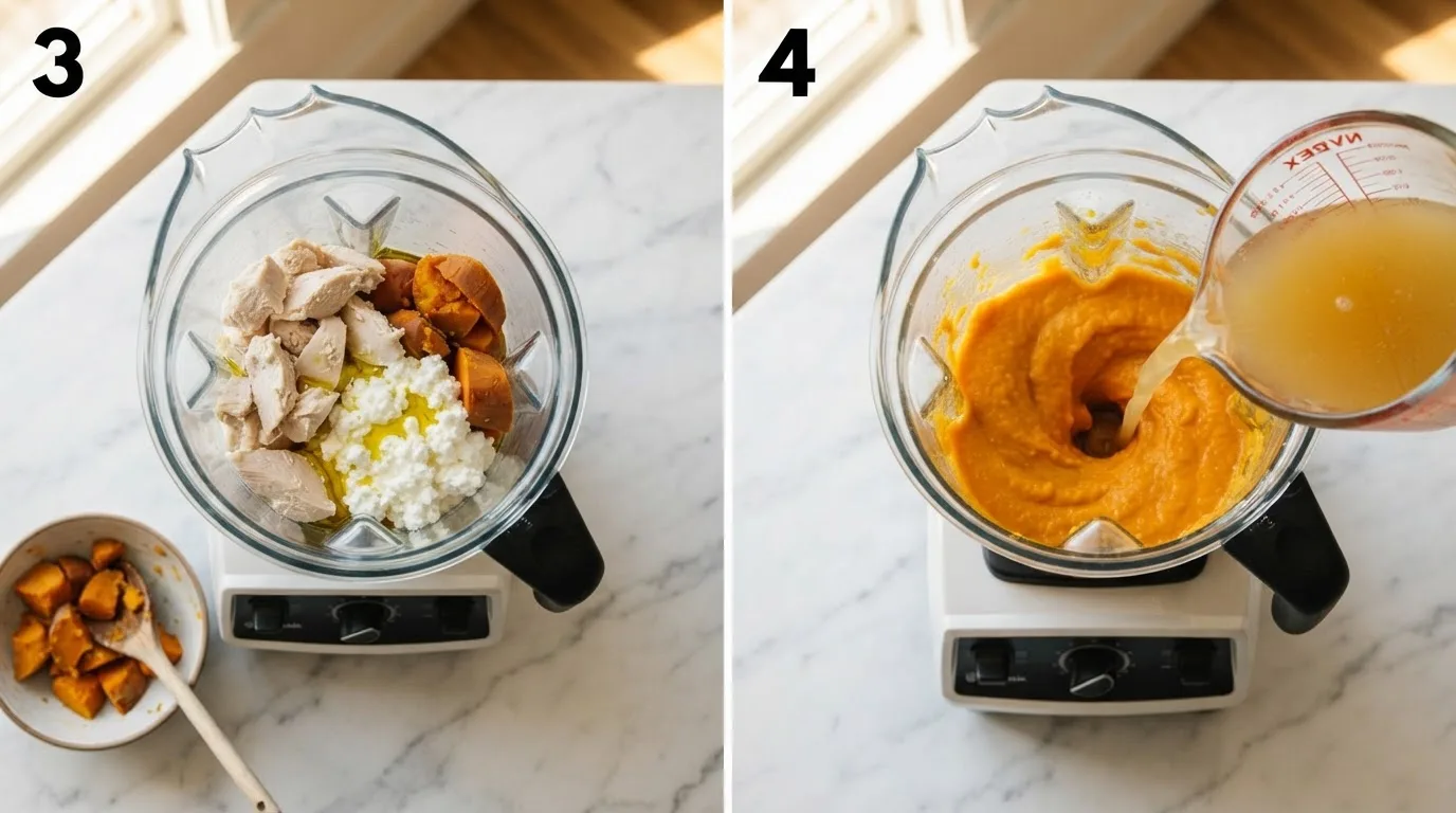 Combining chicken, sweet potato, and cottage cheese in a blender jar / Pouring broth into a blender for smooth high protein pureed food