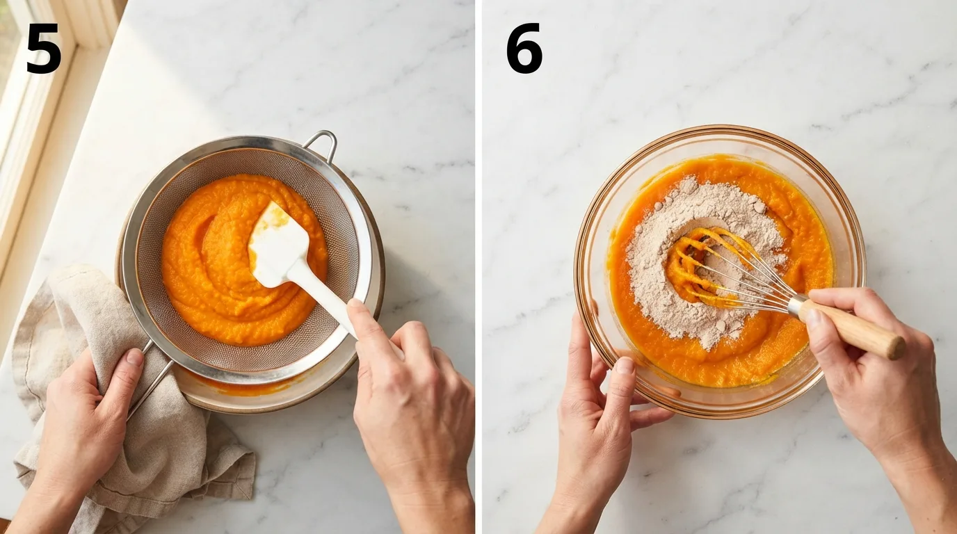Straining pureed chicken and sweet potato through a fine mesh sieve / Whisking unflavored protein powder into finished pureed food