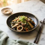 Glossy ika sansai squid salad with mountain vegetables in a black ceramic bowl with chopsticks